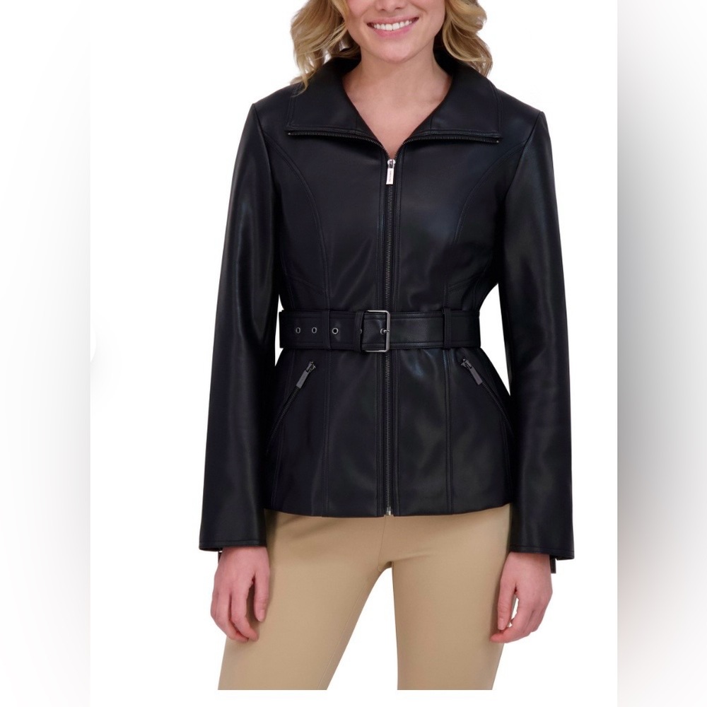 Kenneth Cole Women's Belted Faux Leather Jacket Color Black size Medium